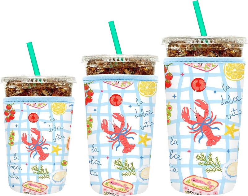 YR Reusable Neoprene Insulator Sleeve for Iced Coffee Cups, 3 Pack Coffee Coolies sleeves for Iced & Hot Drinks, Cold Beverage Cooler Compatible with Starbucks Coffee and More (Lobster) - Image 1
